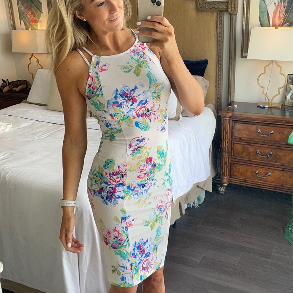 Ted Baker style Floral stretch white midi dress